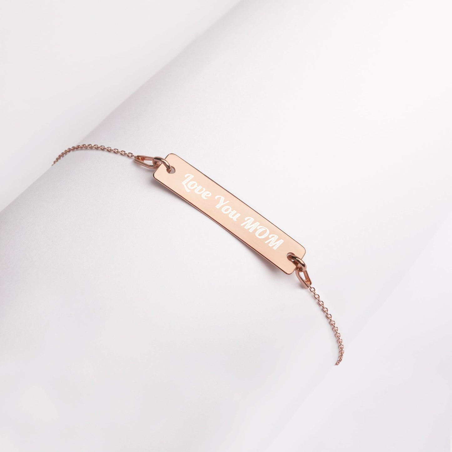 Love You Mom Engraved Silver Bar Chain Bracelet