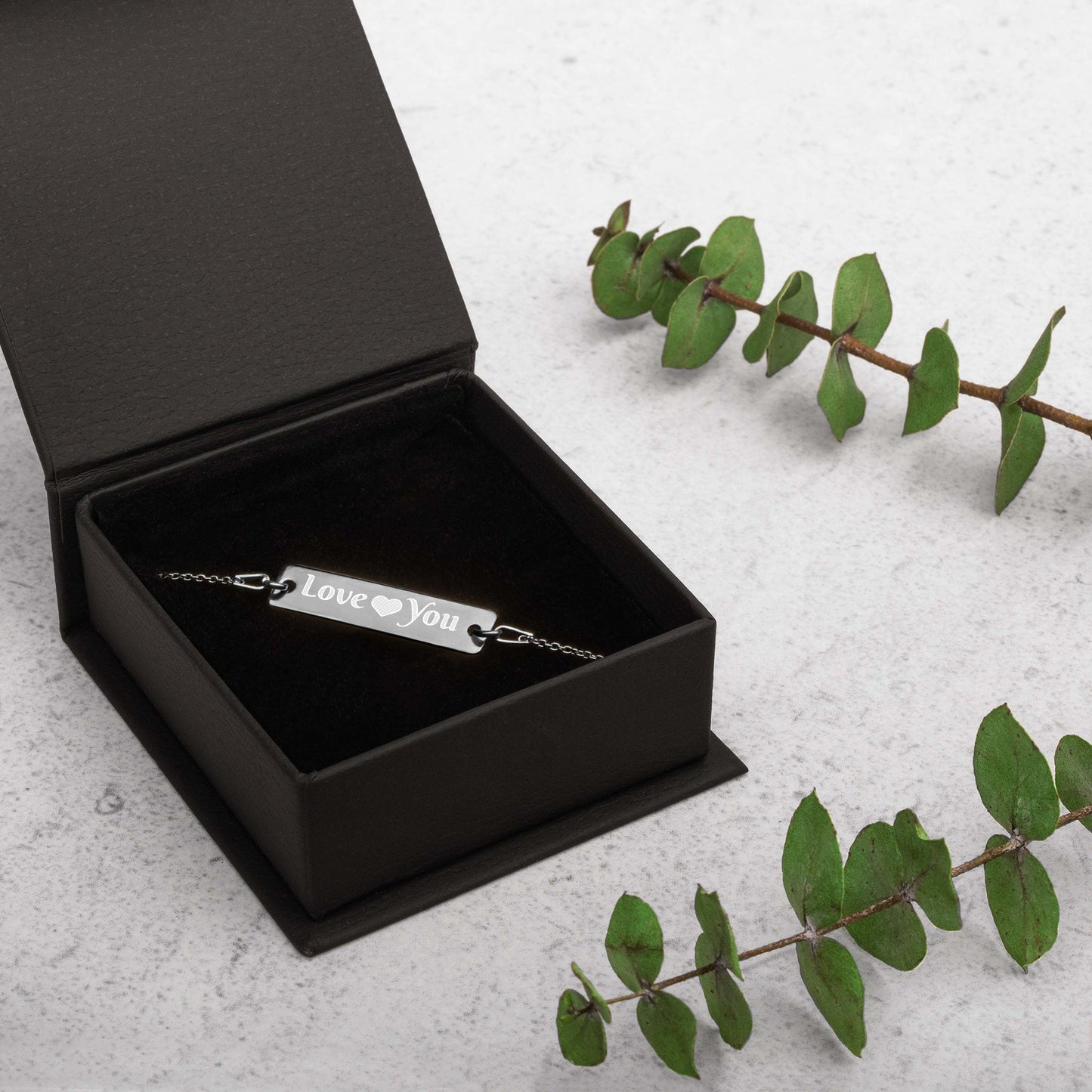 Love You Engraved Silver Bar Chain Bracelet