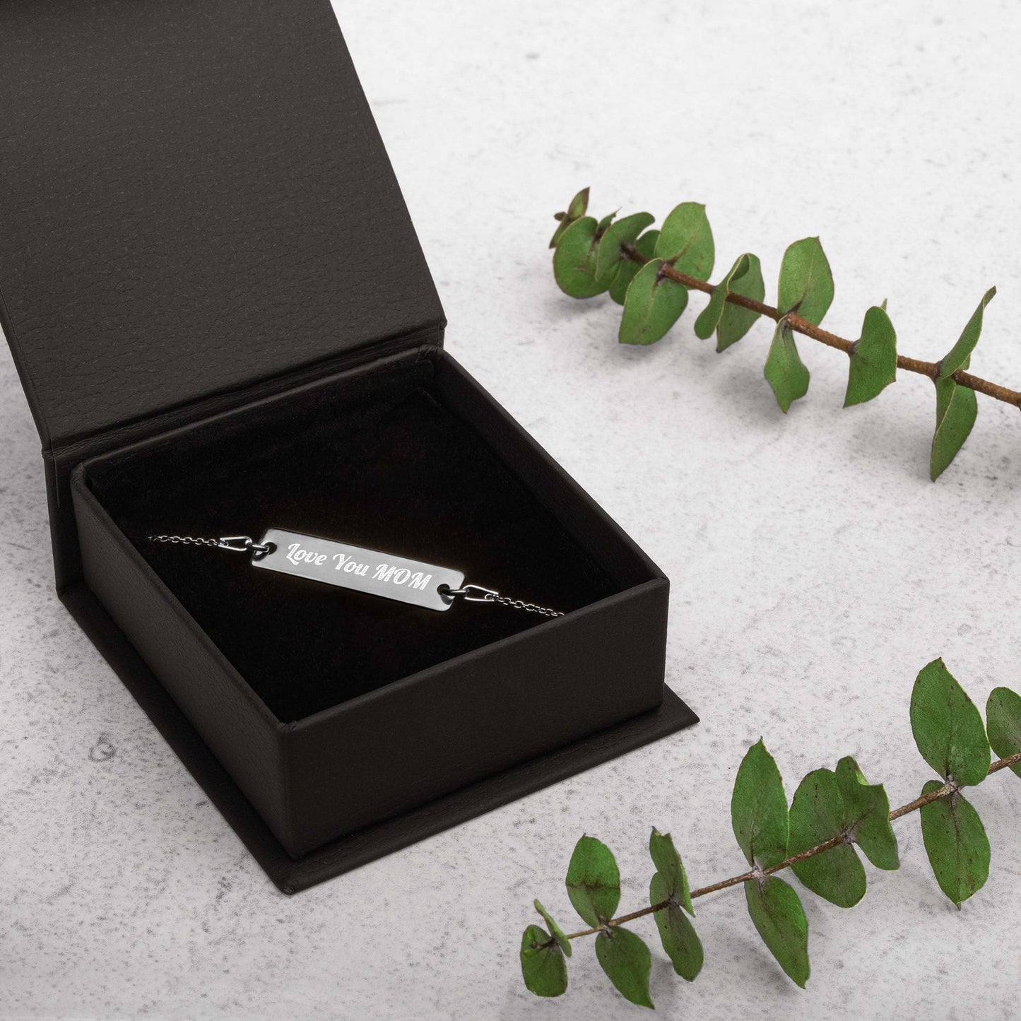 Love You Mom Engraved Silver Bar Chain Bracelet