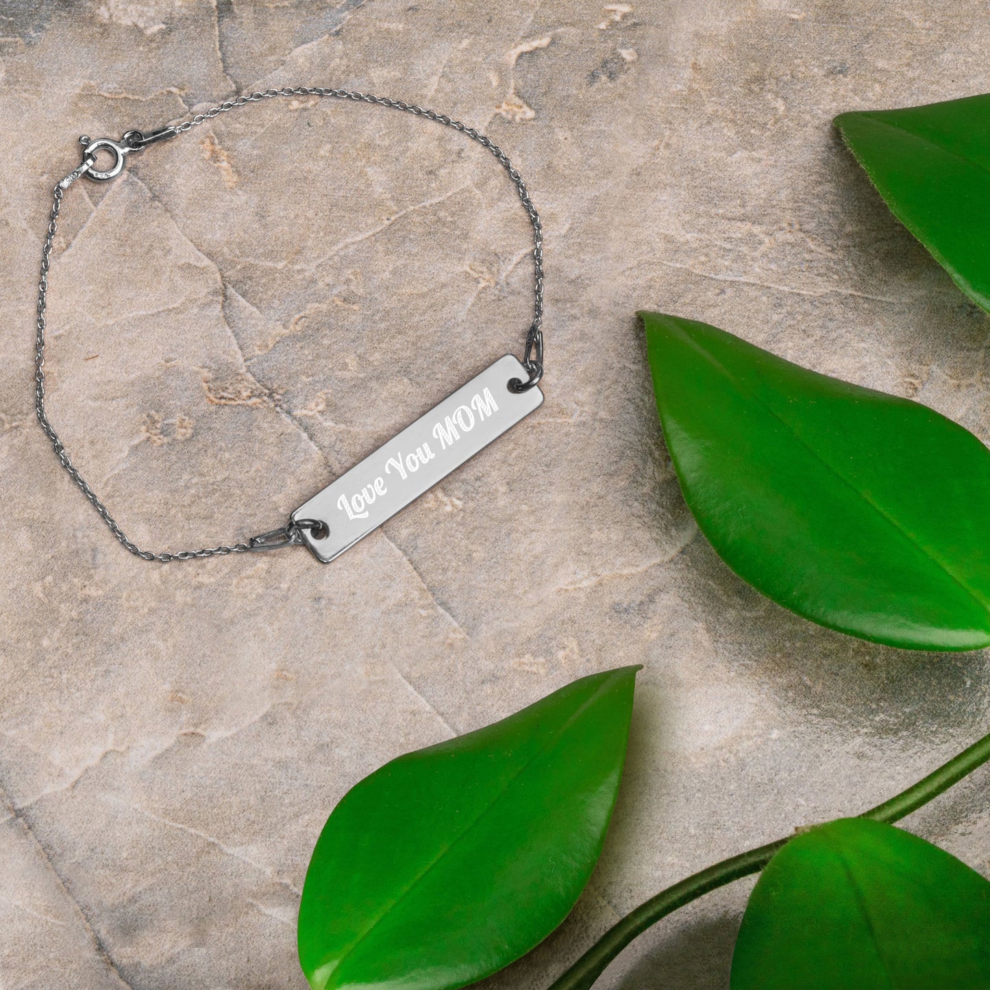 Love You Mom Engraved Silver Bar Chain Bracelet