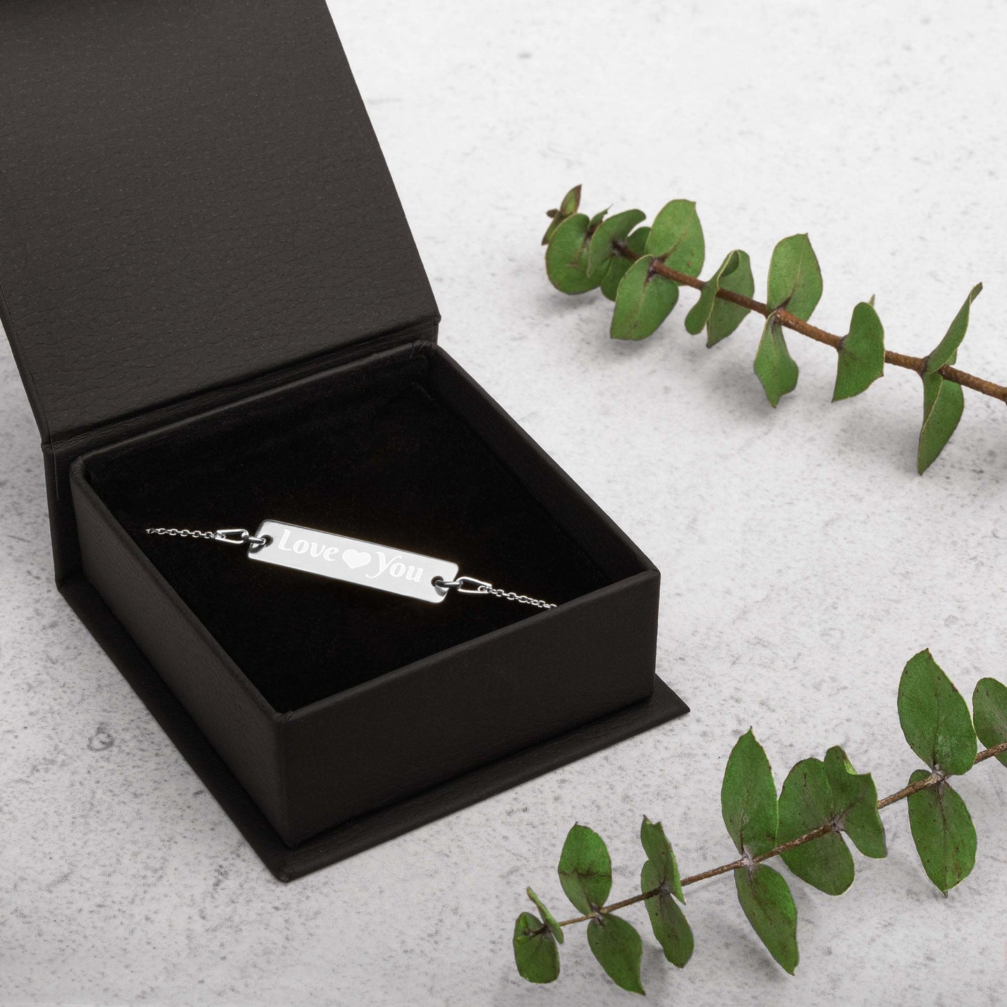 Love You Engraved Silver Bar Chain Bracelet