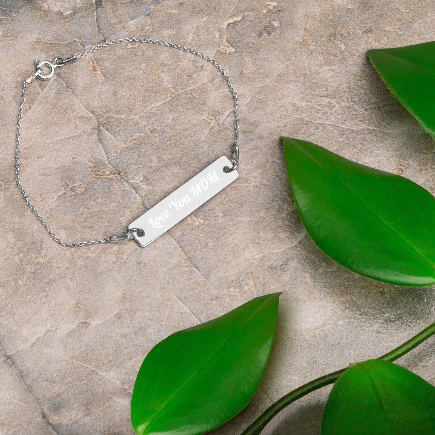 Love You Mom Engraved Silver Bar Chain Bracelet